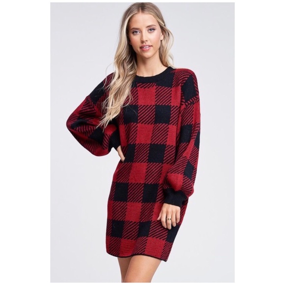 Julie Red Buffalo Plaid Checkered Sweater Dress - Picture 3 of 5